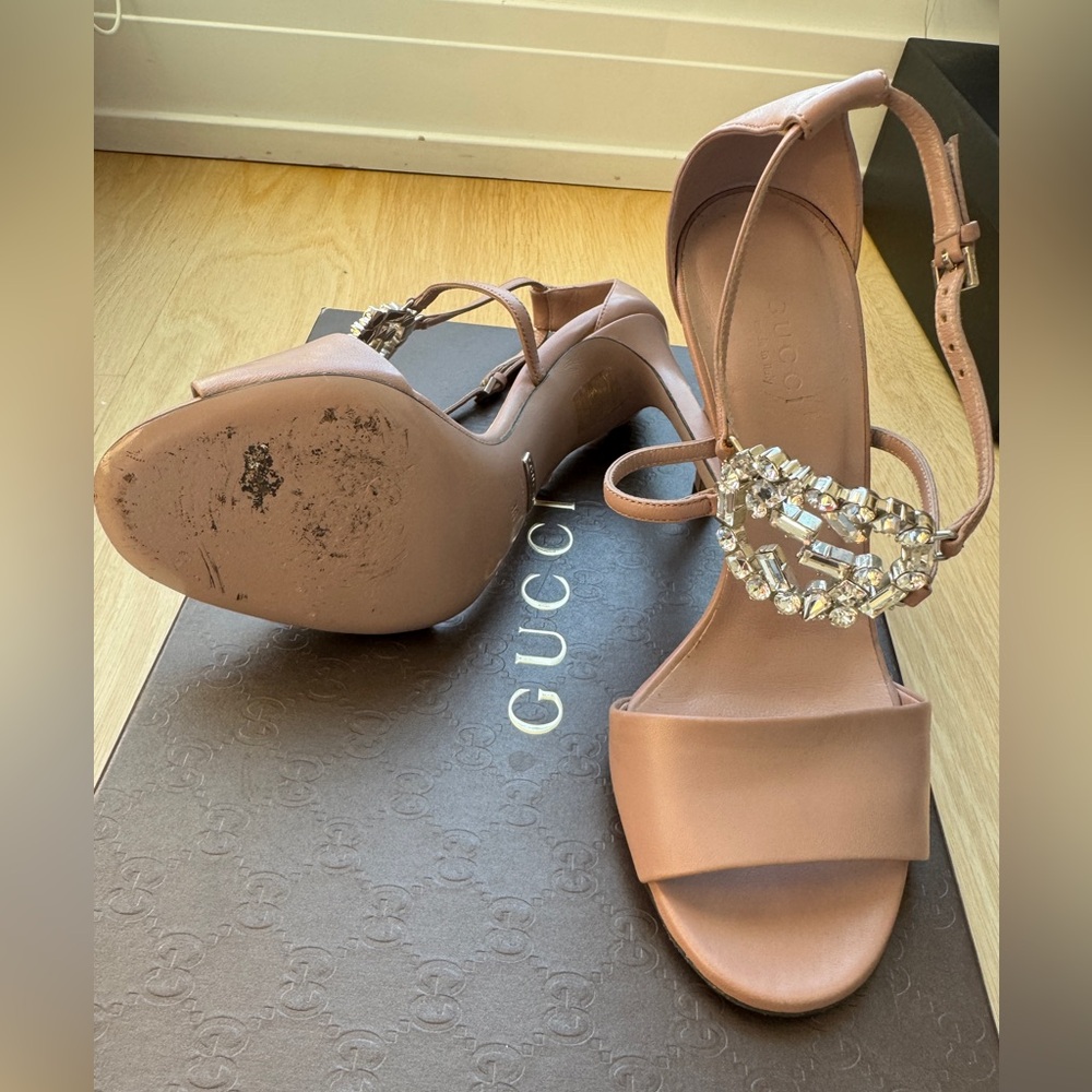 GUCCI | GG Crystal Embellished Nude Leather High Heel Strappy Sandal EU 36 US 6 - Picture 5 of 10